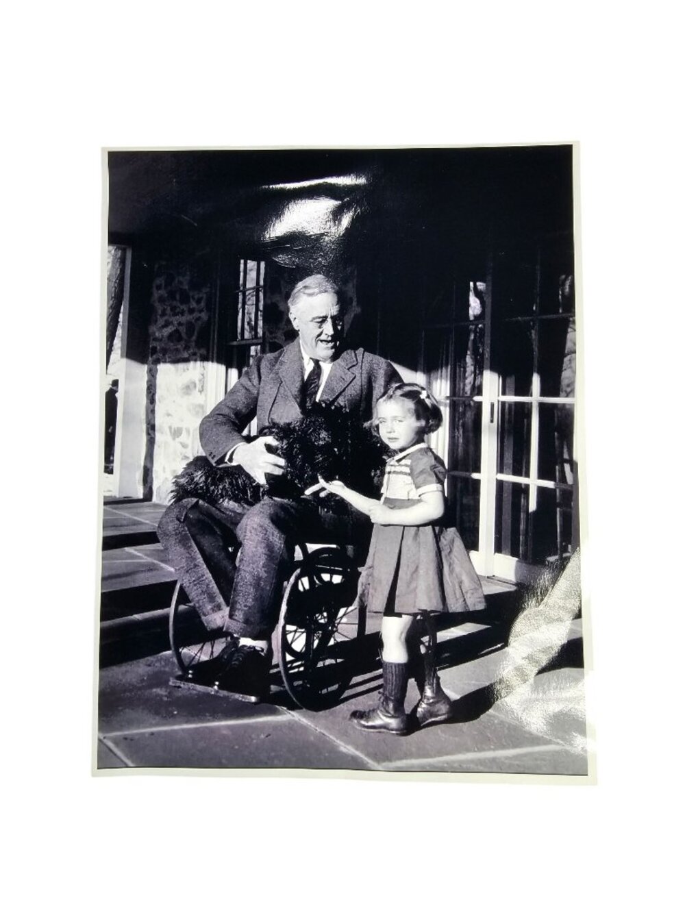Franklin D. Roosevelt Wheelchair 8.5x11" Black & White Photo w/ Ruthie Bie & Dog